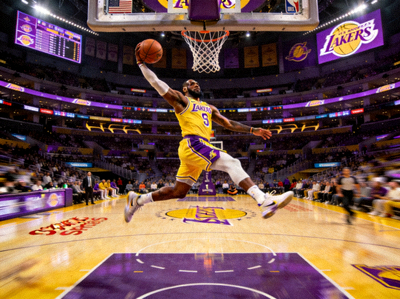 NBA常规赛比赛现场，湖人队主场斯台普斯中心内球员在空中扣篮的精彩瞬间